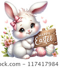 Cute bunny with wooden sign reads Happy Easter 117417984