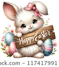 Cute bunny with wooden sign reads Happy Easter 117417991