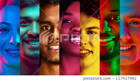 Vibrant collage of close up smiling faces, illuminated by diverse colors, celebrating gender equality and unity. Vibrant collage of close up smiling faces, illuminated by diverse colors, celebrating gender equality and unity. 117417992