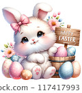 Cute bunny with wooden sign reads Happy Easter 117417993