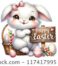 Cute bunny with wooden sign reads Happy Easter 117417995