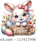 Cute bunny with wooden sign reads Happy Easter 117417996