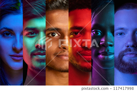 Striking collage of diverse faces in vertical strips, each illuminated by bold, colorful lighting, celebrating individuality. Striking collage of diverse faces in vertical strips, each illuminated by bold, colorful lighting, celebrating individuality. 117417998