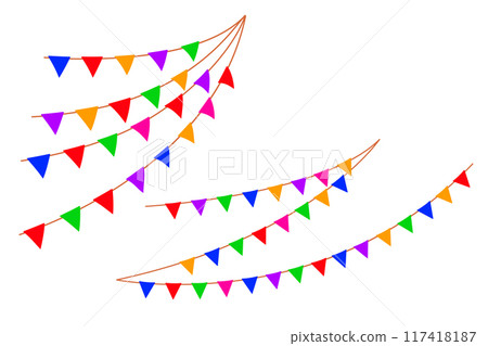 Party buntings garlands isolated on white background. Hanging summer garland for kids. Red and yellow flags. Vector illustration Party buntings garlands isolated on white background. Hanging summer garland for kids. Red and yellow flags. Vector illustration 117418187