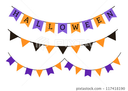 Halloween flags set. Vector pennant with letters isolated on white background. Hanging fall party garland. Halloween flags set. Vector pennant with letters isolated on white background. Hanging fall party garland. 117418190