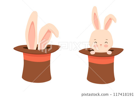 Cute bunny in magic hat of circus magician. Funny rabbit character. Hand drawn isolated vector illustration for kids and nursery 117418191