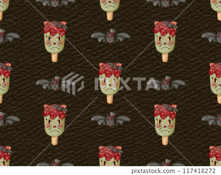Seamless pattern of ice cream in a waffle and popsicles with red jam,chocolate for your Halloween on colorful background. Seamless pattern of ice cream in a waffle and popsicles with red jam,chocolate for your Halloween on colorful background. 117418272