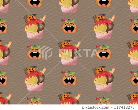 Seamless pattern of ice cream in a waffle and popsicles with red jam,chocolate for your Halloween on colorful background. Seamless pattern of ice cream in a waffle and popsicles with red jam,chocolate for your Halloween on colorful background. 117418273