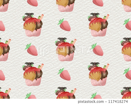 Seamless pattern of ice cream in a waffle and popsicles with red jam,chocolate for your Halloween on colorful background. Seamless pattern of ice cream in a waffle and popsicles with red jam,chocolate for your Halloween on colorful background. 117418274