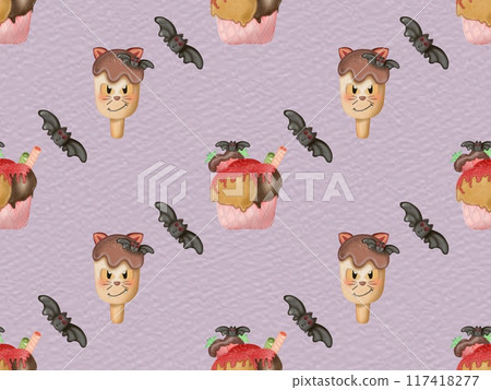 Seamless pattern of ice cream in a waffle and popsicles with red jam,chocolate for your Halloween on colorful background. 117418277