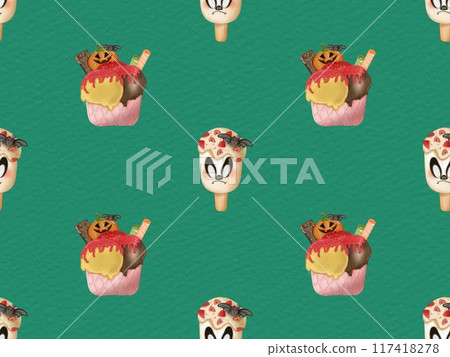 Seamless pattern of ice cream in a waffle and popsicles with red jam,chocolate for your Halloween on colorful background. 117418278