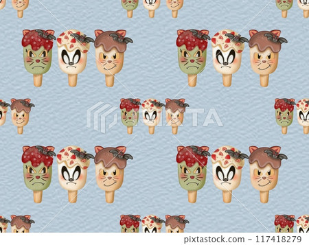 Seamless pattern of ice cream in a waffle and popsicles with red jam,chocolate for your Halloween on colorful background. 117418279