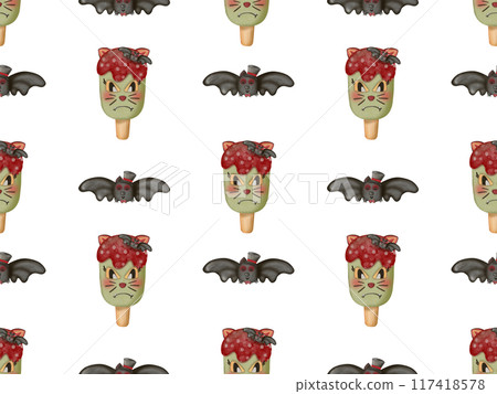 Seamless pattern of ice cream in a waffle and popsicles with red jam,chocolate for your Halloween. Seamless pattern of ice cream in a waffle and popsicles with red jam,chocolate for your Halloween. 117418578