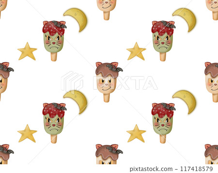 Seamless pattern of ice cream in a waffle and popsicles with red jam,chocolate for your Halloween. Seamless pattern of ice cream in a waffle and popsicles with red jam,chocolate for your Halloween. 117418579