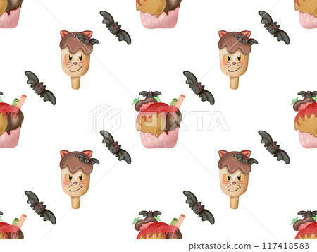Seamless pattern of ice cream in a waffle and popsicles with red jam,chocolate  for your Halloween.  117418583