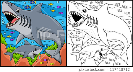 Megalodon Shark Coloring Page Colored Illustration 117418712