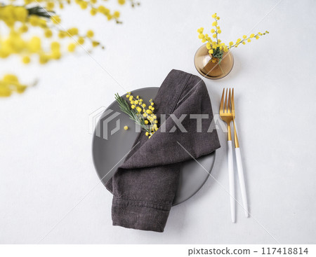 Festive table setting for the spring celebration of women's day, birthday or mother's day Festive table setting for the spring celebration of women's day, birthday or mother's day 117418814