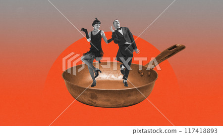 Jazz festival. Dancing in heat. Lively stylish man and woman in elegant costumes dancing on frying pan. Roaring Twenties. Contemporary art collage. 117418893