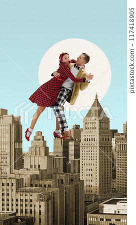 Swinging above the city. Beautiful stylish couple dancing above urban skyline. Love and rhythm in bustling city. Contemporary art collage. 117418905