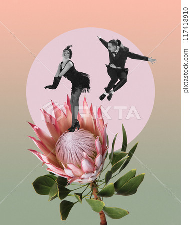 Dance of elegance and bloom. Stylish and emotional couple, man and woman dancing on flower. Energy of Roaring twenties. Contemporary art collage. 117418910
