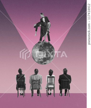 Passionate dance on the moon. Couple elegantly performing atop lunar surface, under spotlight, with audience watching in awe. Contemporary art collage. 117418912