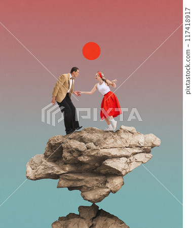 Dancing on the edge of the world, elegant young man and woman, couple dancing atop of rock against gradient sky background. Contemporary art collage. 117418917