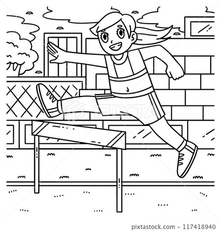 Track and Field Female Jumping Over Hurdle  117418940