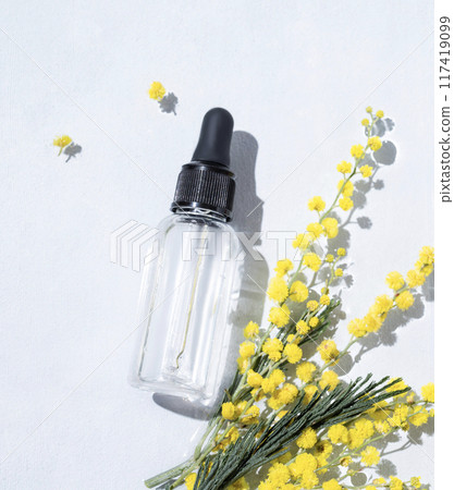 Face and body serum in bottle on a light background with mimosa flowers and hard shadow. Face and body serum in bottle on a light background with mimosa flowers and hard shadow. 117419099