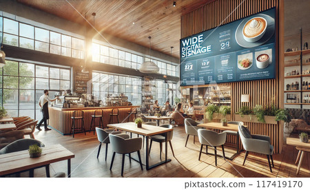 安裝在咖啡館的數字標牌 安裝在咖啡館的數字標牌 117419170