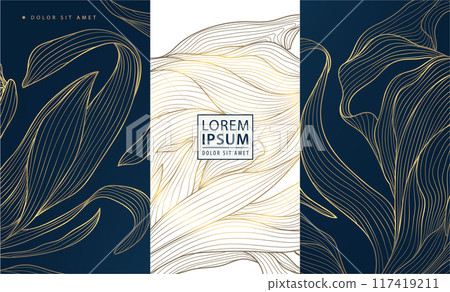 Vector set of gold floral labels, leaf abstract wine package, jewelry, beauty design box. Luxury royal ornament. 117419211