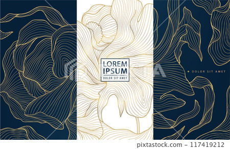 Vector set of gold floral labels, leaf abstract wine package, jewelry, beauty design box. Luxury royal ornament. 117419212