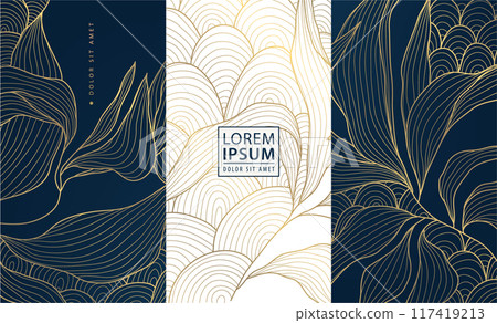 Vector set of gold floral labels, leaf abstract wine package, jewelry, beauty design box. Luxury royal ornament. 117419213