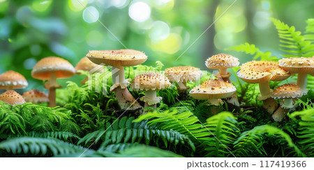 Close-up shot of mushrooms on green fern growth surface in the forest against the blurred background. Wild mushrooms in their natural habitat concept. 117419366