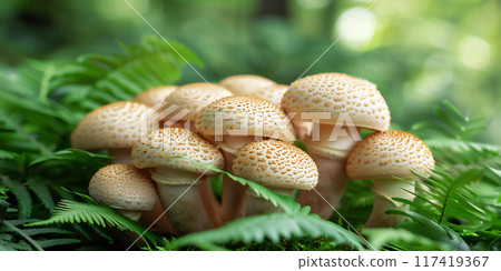 Close-up shot of mushrooms on green fern growth surface in the forest against the blurred background. Wild mushrooms in their natural habitat concept. 117419367