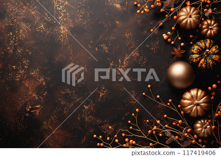 Elegant flat lay with autumn decor featuring gold accents and pumpkins on dark brown vintage background. Great design with copy space. 117419406