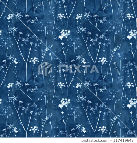 Beautiful floral abstract seamless pattern in cyanotype style with silhouette of flowers. Abstract handmade print design. Stock illustration. 117419642