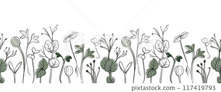 Seamless banner with hand drawn microgreen vector illustration. Contour sprouts of watercress, spinach, mustard cress and peas, radish, onion, sunflower, basil plant. Frame for menu, healthy lifestyle Seamless banner with hand drawn microgreen vector illustration. Contour sprouts of watercress, spinach, mustard cress and peas, radish, onion, sunflower, basil plant. Frame for menu, healthy lifestyle 117419793