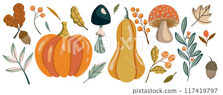 Vector flat autumn harvest themed illustration with pumpkins, squash, mushrooms, acorns, leaves, and berries, showcasing colors and elements of fall season. Thanksgiving and Harvest Day set Vector flat autumn harvest themed illustration with pumpkins, squash, mushrooms, acorns, leaves, and berries, showcasing colors and elements of fall season. Thanksgiving and Harvest Day set 117419797