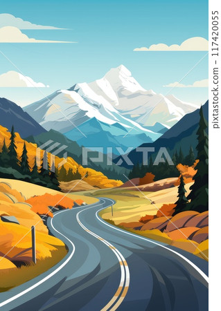 road trip adventure asphalt road in the mountains illustration 117420055