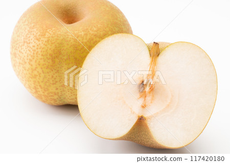 Close-up of a cross section of a pear cut in half Close-up of a cross section of a pear cut in half 117420180