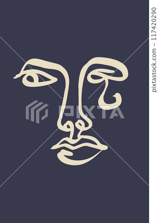 Vertical poster or card with ink wash drawing of abstract female face silhouette on dark background Vertical poster or card with ink wash drawing of abstract female face silhouette on dark background 117420290