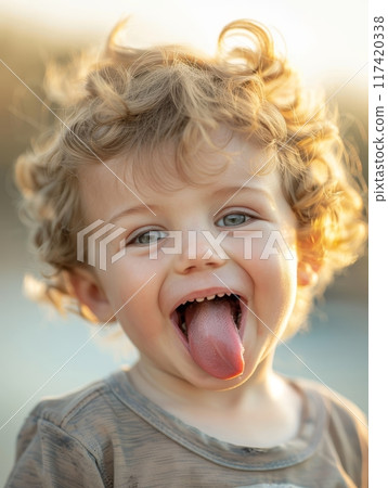 A young boy with a heartwarming smile and tongue out is bathed in the golden light of sunset. His curly hair gleams with the warm hues of the evening. 117420338
