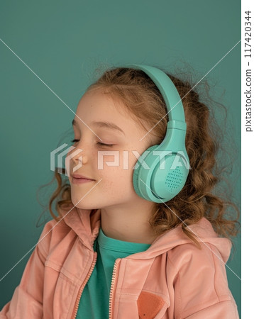 A little girl with curly hair enjoys listening to music on teal headphones. She appears peaceful and content, with a subtle smile on her face. 117420344