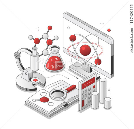 Science and medicine - black and red isometric line illustration Science and medicine - black and red isometric line illustration 117420355