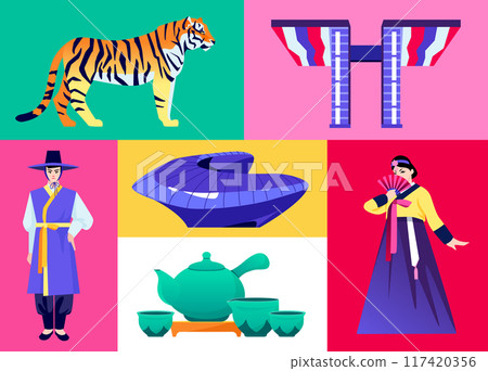 Korean architecture and traditions - set of flat design style colorful illustrations Korean architecture and traditions - set of flat design style colorful illustrations 117420356