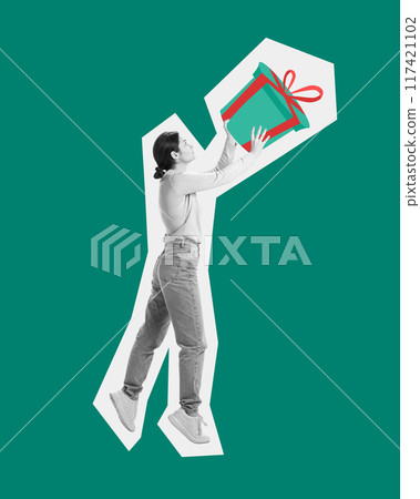 Young girl putting big wrapped present box, against green background. Contemporary art collage. Holiday shopping 117421102