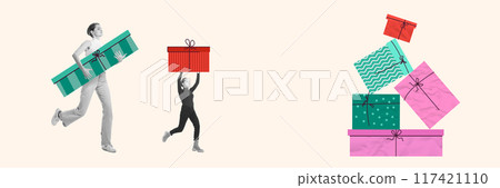 Two women carrying present boxes, forming big pyramid of presents. Preparation for the holiday. Contemporary art collage. 117421110