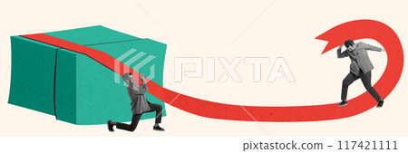 Monochrome men decorating giant present box with wrapping paper and red ribbon. Holiday preparation. Contemporary art collage. 117421111
