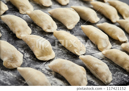 Freshly prepared homemade dumplings ready for cooking, showcasing traditional culinary skills Freshly prepared homemade dumplings ready for cooking, showcasing traditional culinary skills 117421152