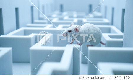 A mouse runs through a maze. The concept explores problem-solving, curiosity, learning, and experimentation. Generative AI. 117421340